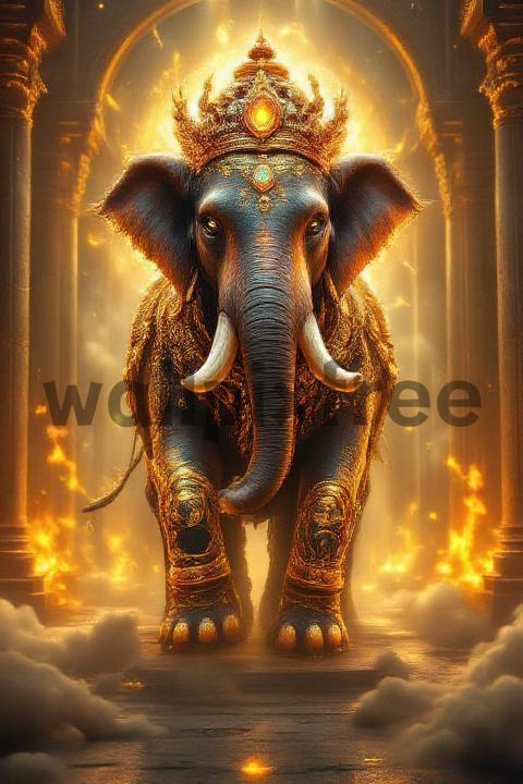 Majestic Golden Elephant with Crown in Temple