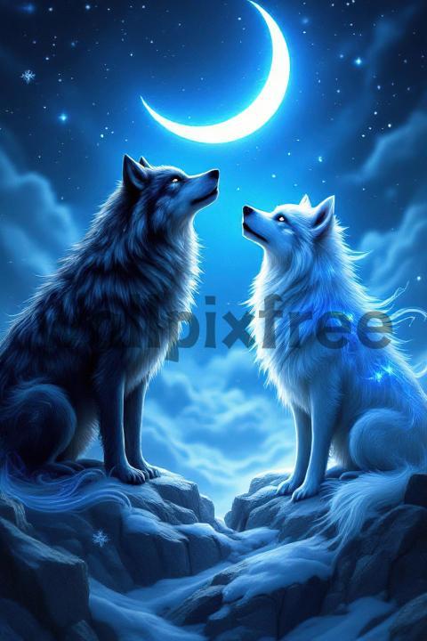 Mystical Wolves Under Crescent Moon