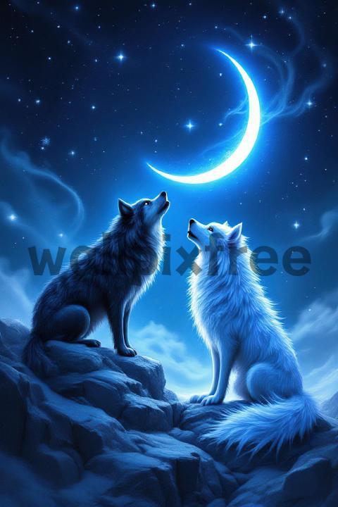 Wolves Howling at Crescent Moon