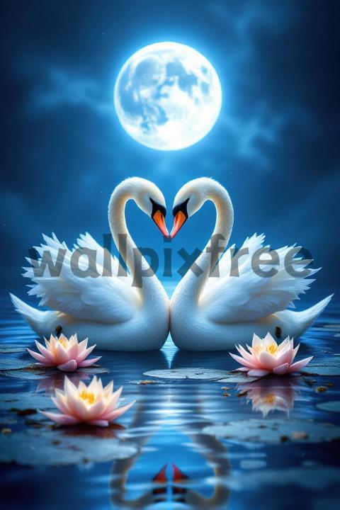 Swans Under Moonlight with Lotus Flowers