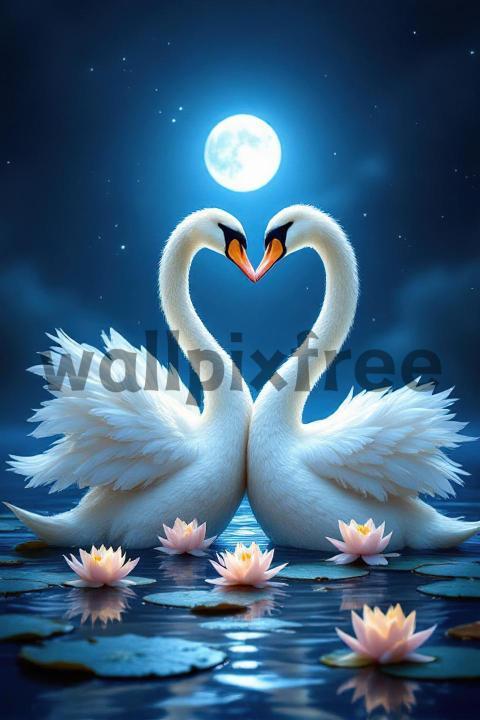 Swans Forming Heart Under Moonlight