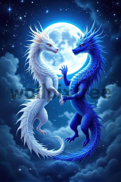 Blue and White Dragons Under Moonlight