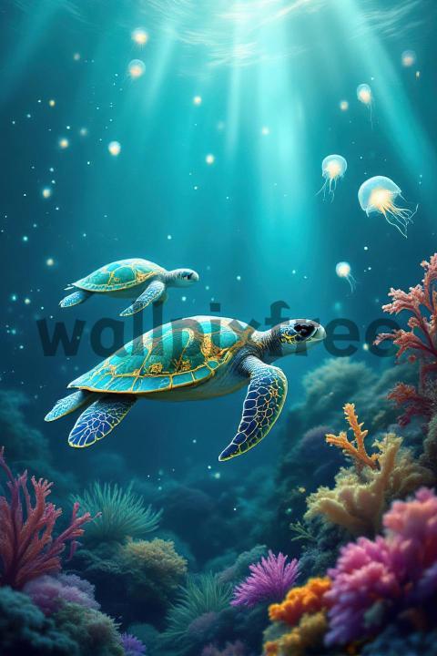 Sea Turtles and Jellyfish in Coral Reef