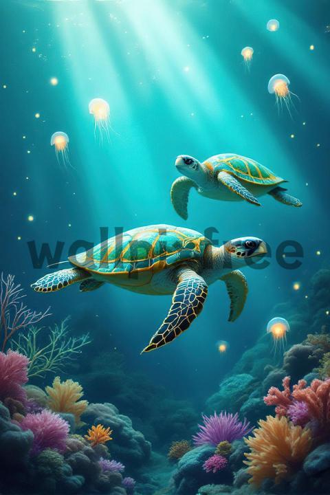 Sea Turtles Swimming in Coral Reef