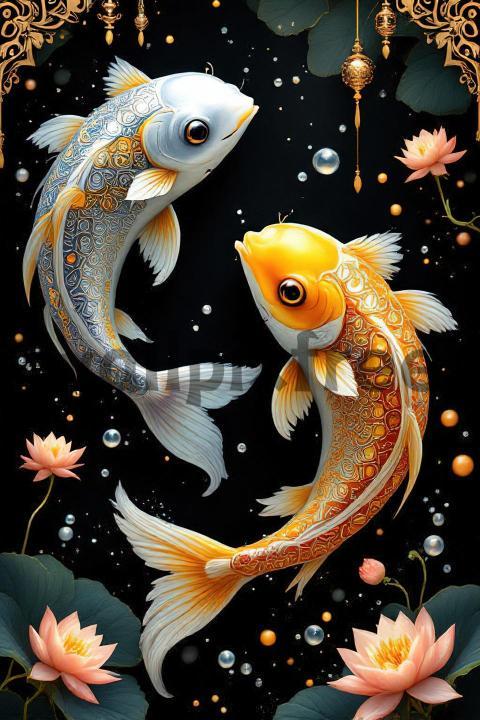 Ornamental Koi Fish with Lotus Flowers