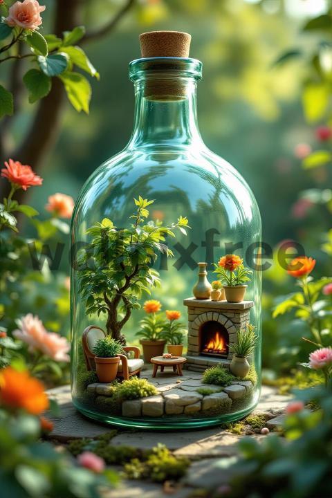 Miniature Garden in a Bottle with Fireplace