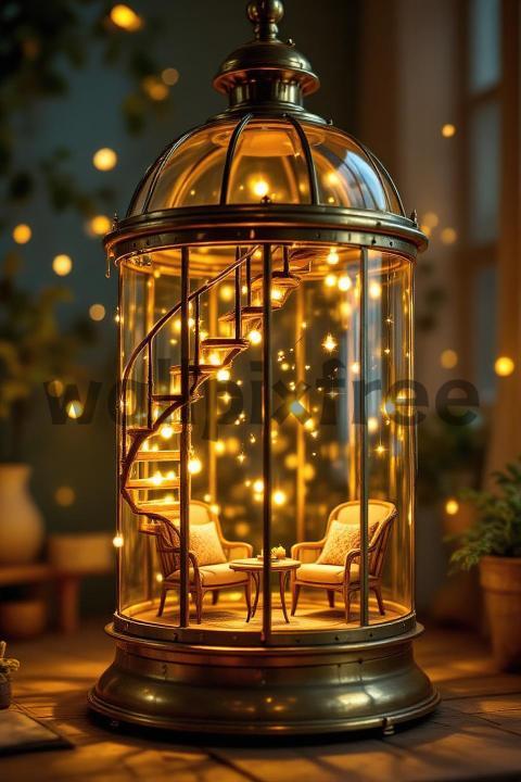 Miniature Spiral Staircase Lantern with Cozy Chairs