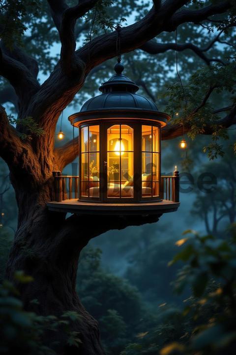 Cozy Lantern Lit Treehouse at Night