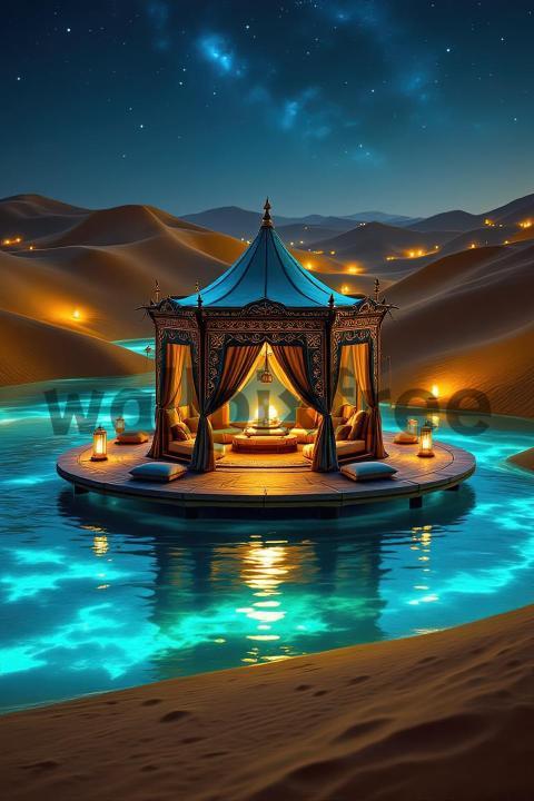 Desert Oasis at Night with Illuminated Tent