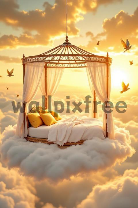 Floating Bed in the Clouds at Sunset