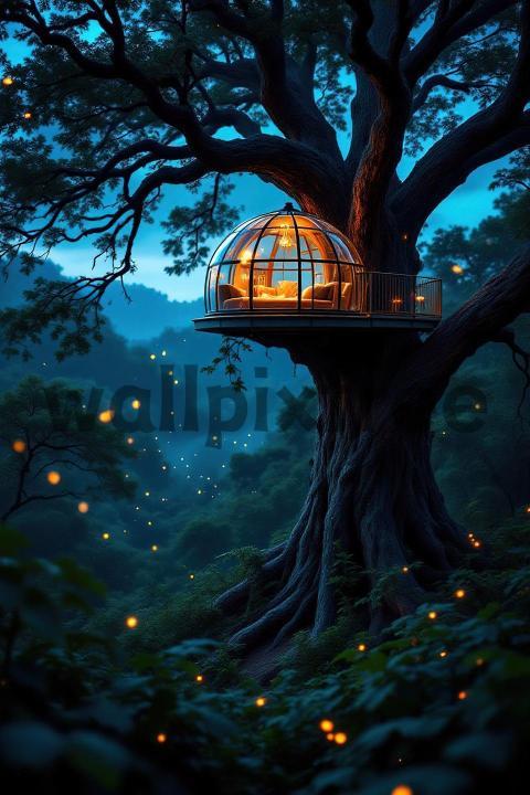 Magical Treehouse at Night