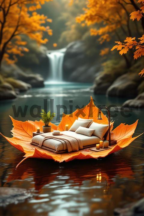 Cozy Bed on Leaf by Waterfall in Autumn