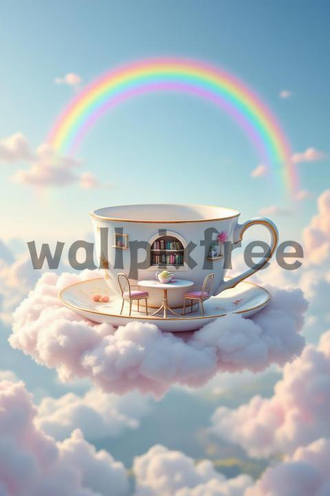 Floating Tea Cup on Clouds with Rainbow