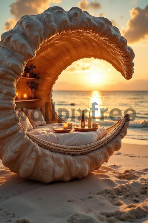 Luxurious Beachside Bed at Sunset