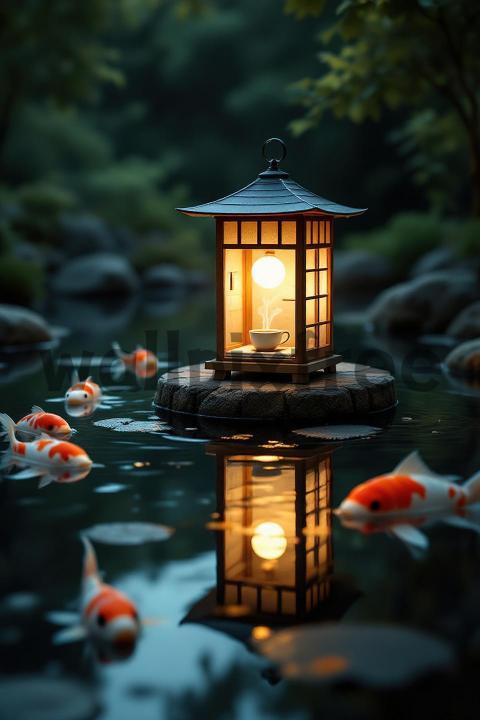 Japanese Lantern and Koi Pond Scene