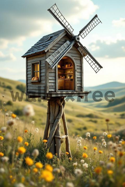 Miniature Windmill House in Flower Field