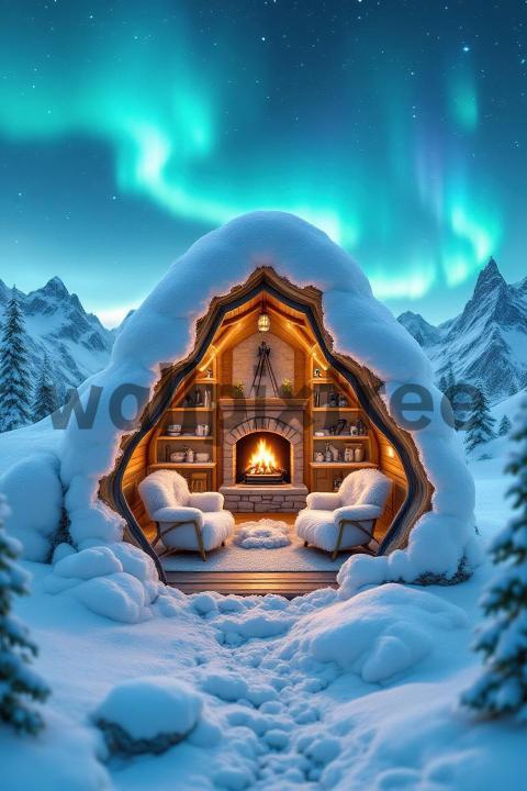 Cozy Snow Covered Cabin with Aurora Borealis