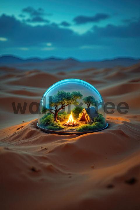 Camping Scene in a Glass Dome in the Desert