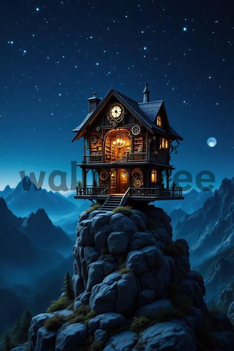 Fantasy House on Mountain at Night