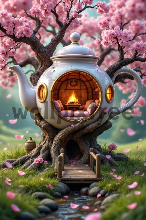 Teapot House Under Cherry Blossoms