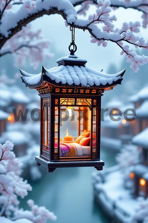 Snowy Lantern with Cozy Interior