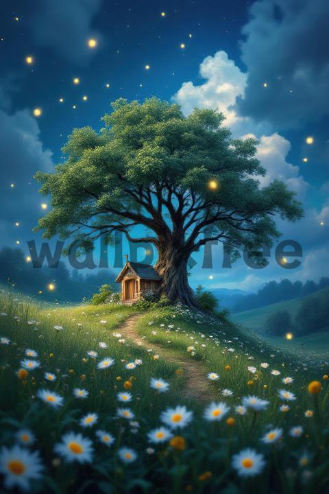 Cottage Under Starry Tree with Fireflies