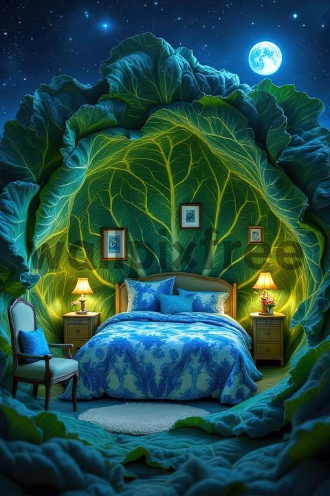 Surreal Leafy Bedroom Under Moonlight