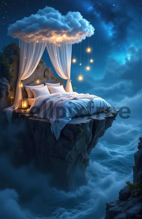 Dreamy Bed on Cliff with Cloud Canopy