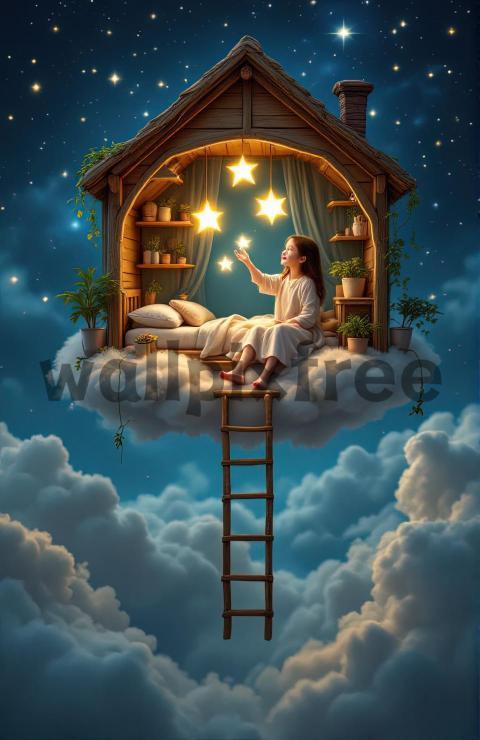 Child Reaching for Stars in a Cozy Cloud House