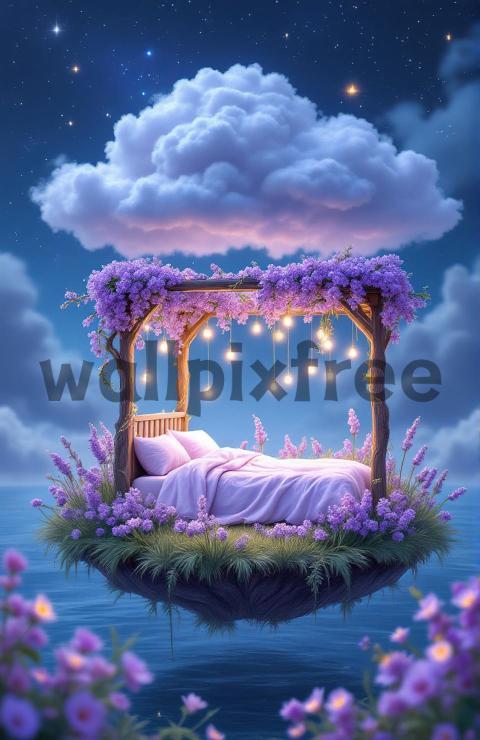 Floating Bed in Dreamy Night Sky