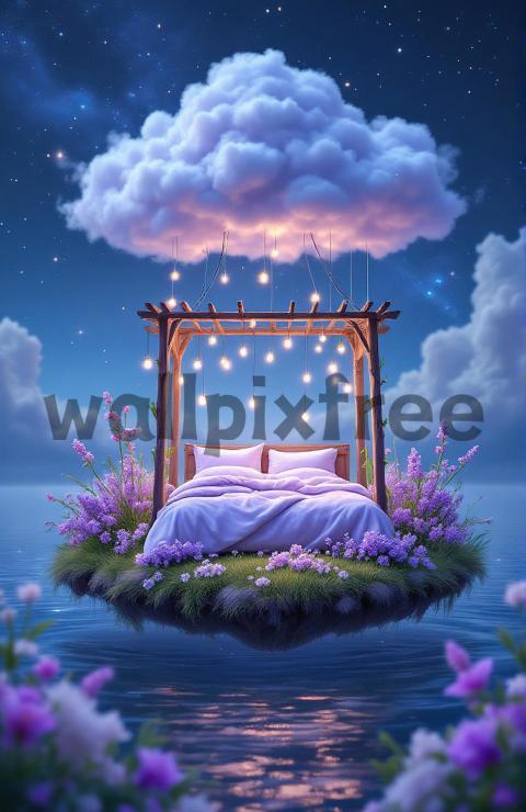 Floating Bed Under Cloudy Night Sky