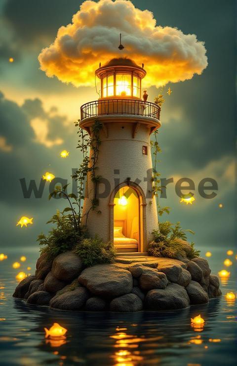 Fantasy Lighthouse with Glowing Fish