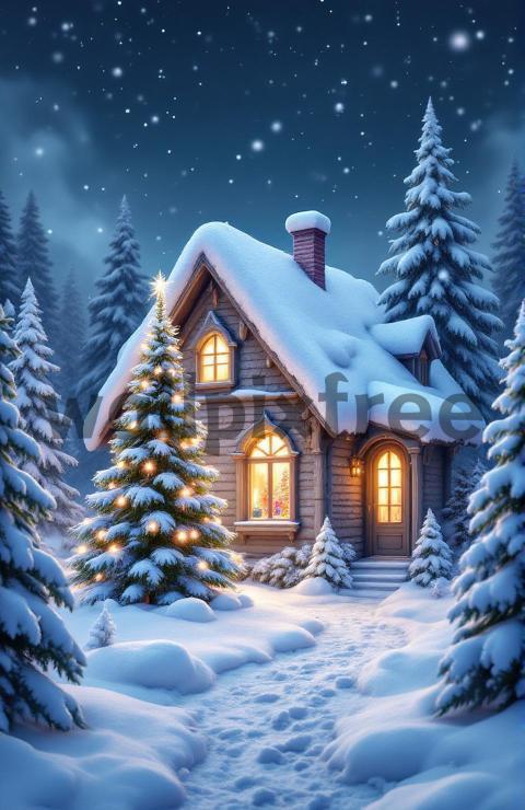 Snowy Christmas Cabin Scene