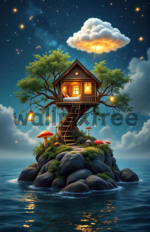 Fantasy Treehouse on Island at Night