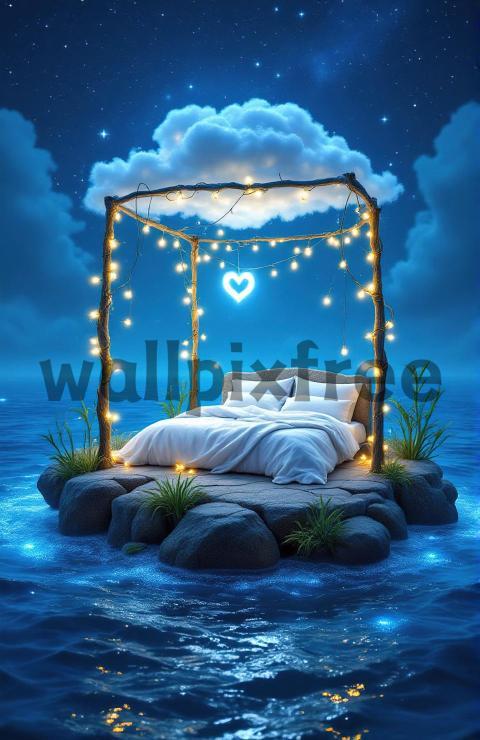 Dreamy Bed on Floating Island at Night