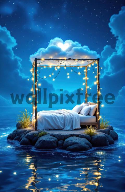 Dreamy Bed on Floating Island Under Starry Sky