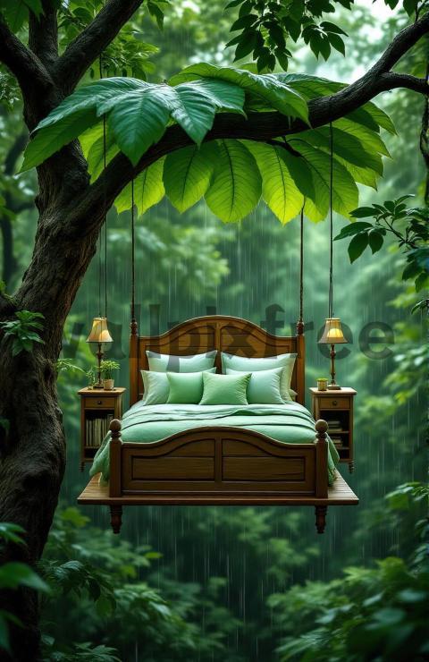 Floating Bed in Forest with Lamps