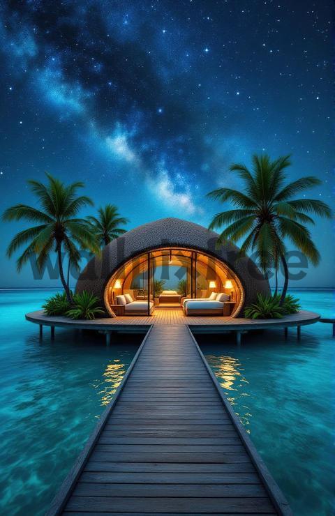 Overwater Bungalow Under Starry Sky