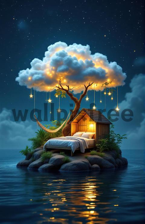 Floating Island Dreamscape with Bed and Tree