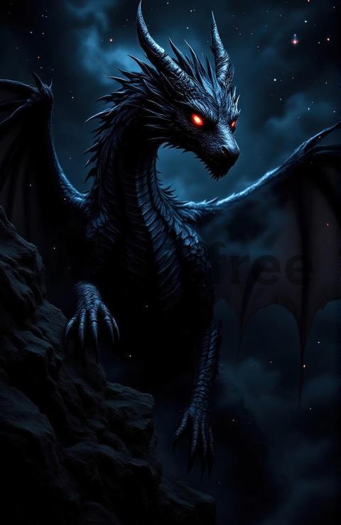 Dark Dragon with Red Eyes at Night