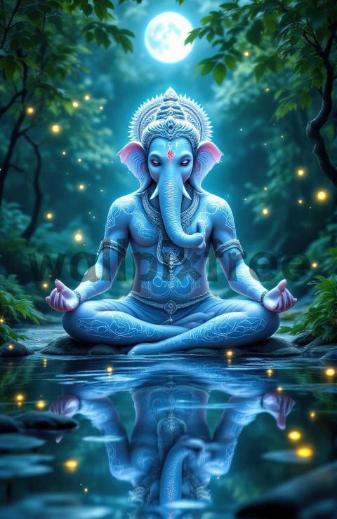 Ganesha Meditating by Moonlit Pond