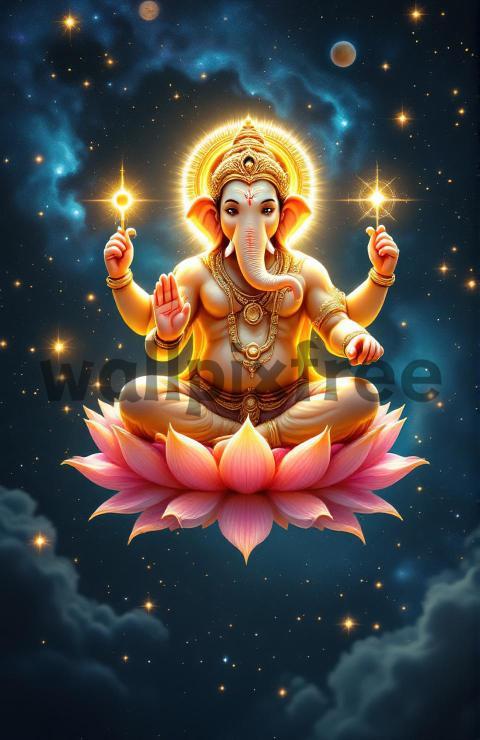 Ganesha On Lotus In Cosmic Space