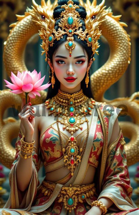 Ornate Goddess with Lotus and Gold Headdress