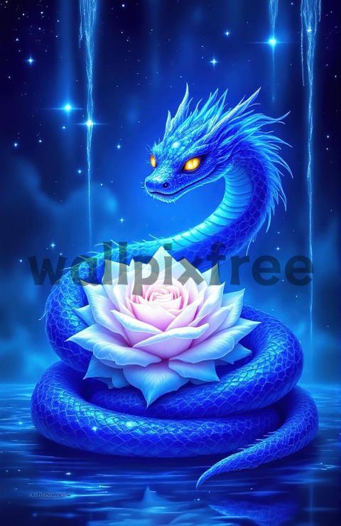 Blue Dragon with Lotus in Starry Night