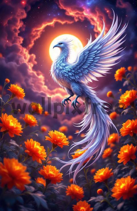 Mystical Phoenix in Moonlit Garden