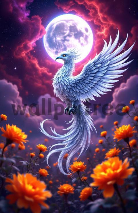 Mystical Phoenix Under Moonlit Sky