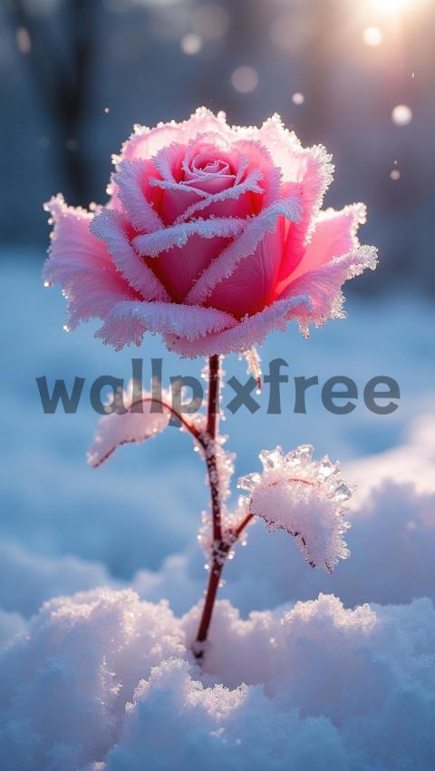 Frosted Pink Rose in Snow