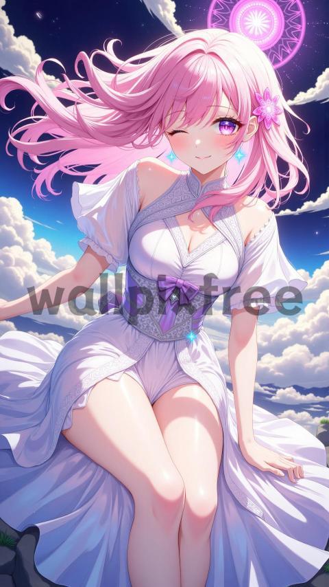 Anime Girl with Pink Hair and White Dress