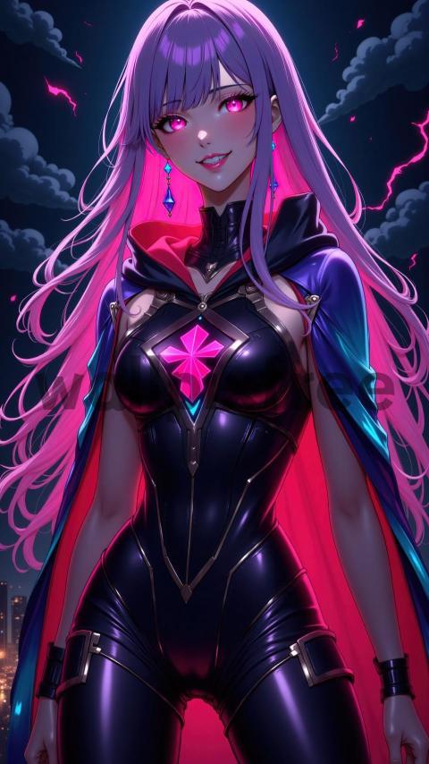 Anime Superheroine with Pink Hair and Glowing Eyes