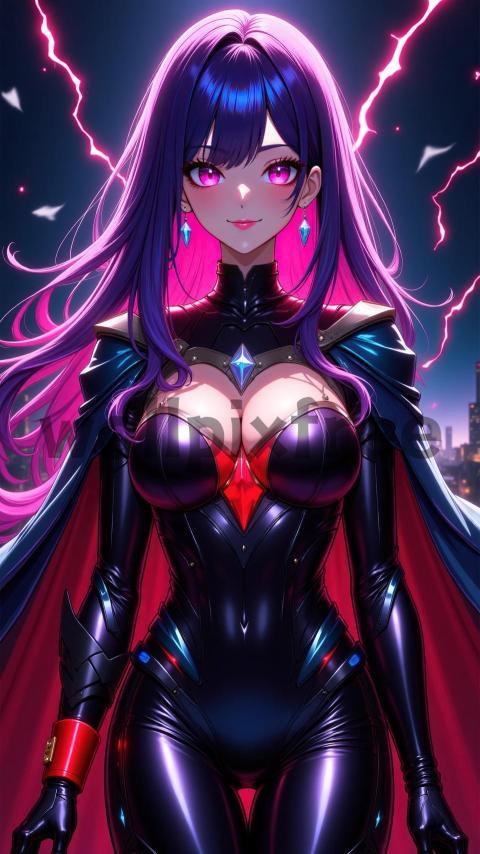 Anime Superheroine with Lightning Background